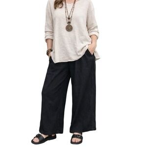 FLAX Wide-Leg Pants Black Linen Elastic Waist Flat Front Pockets Women's L